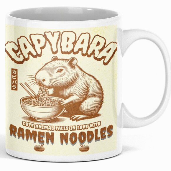Capybara eating Ramen Noodles Double-Sided Ceramic Coffee Mug - Picture 1 of 4